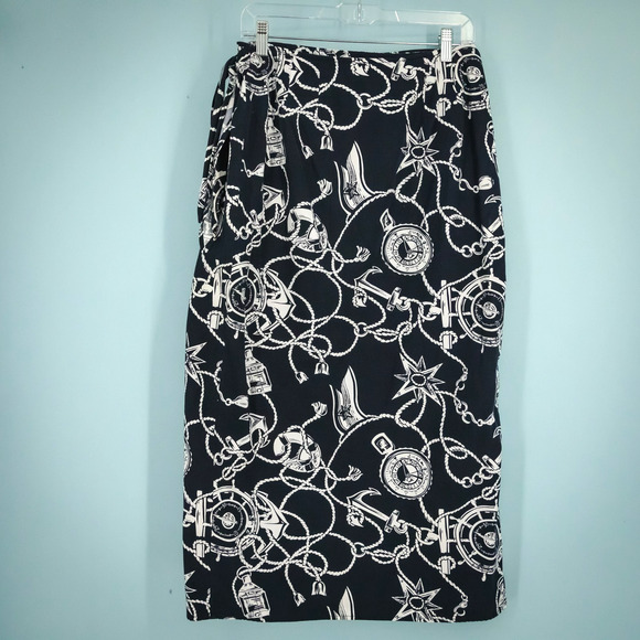 Talbots Size 10 Navy Blue Nautical Print Wrap Midi Length Lined Cotton Skirt - Picture 4 of 8